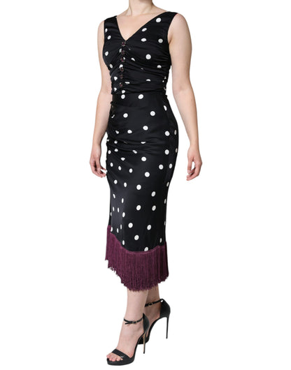 Dolce &amp; Gabbana Abito midi in seta nera con scollo a V e nappe a pois