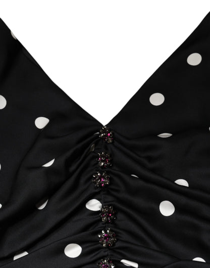 Dolce &amp; Gabbana Abito midi in seta nera con scollo a V e nappe a pois