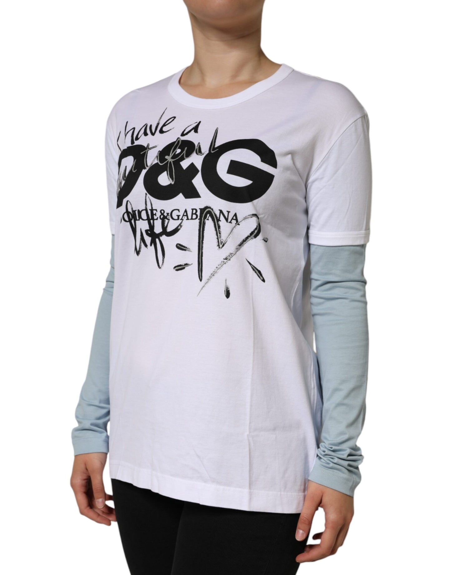 T-shirt girocollo con stampa logo Dolce &amp; Gabbana in cotone bianco
