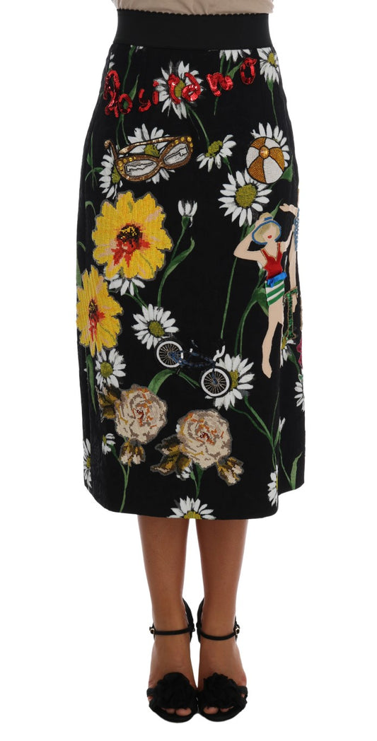 Gonna in broccato con margherite nere decorate Dolce &amp; Gabbana