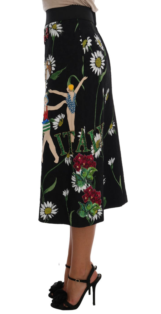 Gonna in broccato con margherite nere decorate Dolce &amp; Gabbana