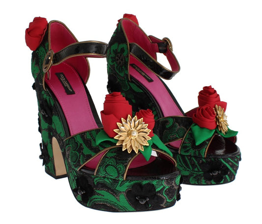 Scarpe Dolce &amp; Gabbana in broccato verde con rose in pelle di serpente e cristalli