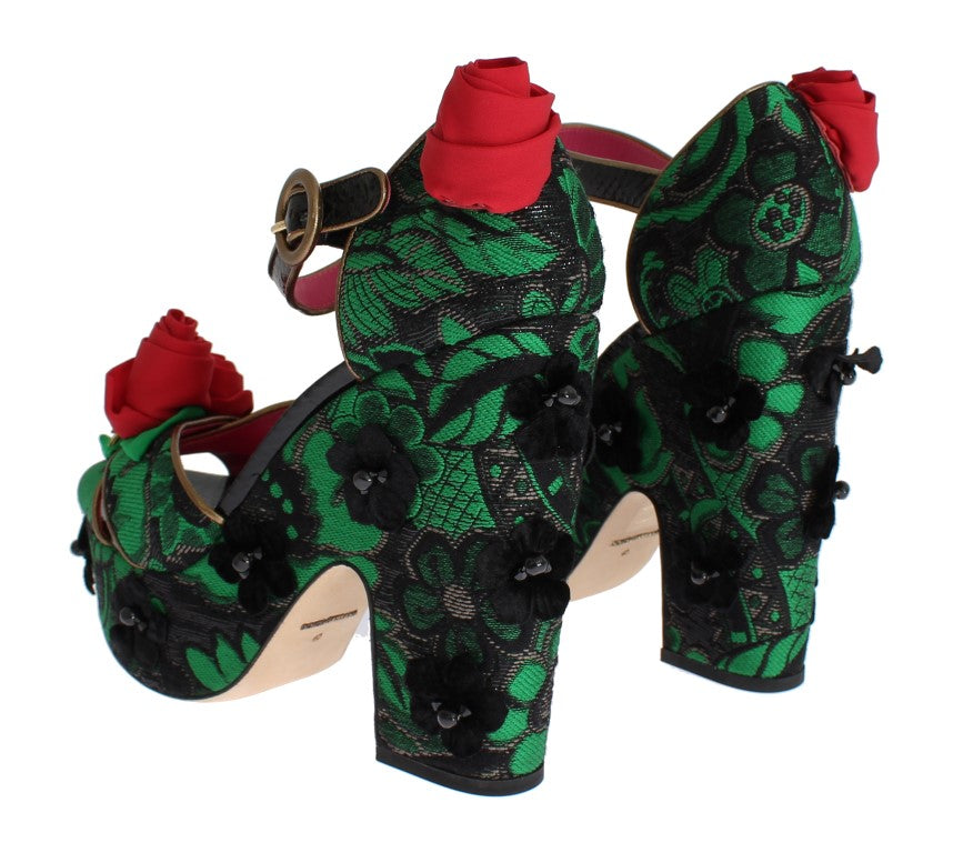 Scarpe Dolce &amp; Gabbana in broccato verde con rose in pelle di serpente e cristalli