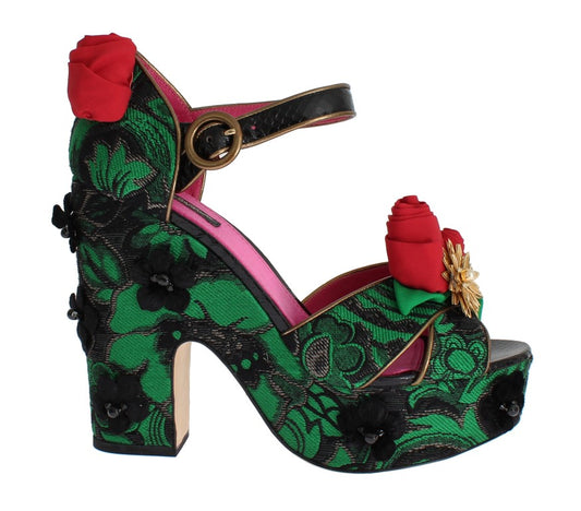 Scarpe Dolce &amp; Gabbana in broccato verde con rose in pelle di serpente e cristalli