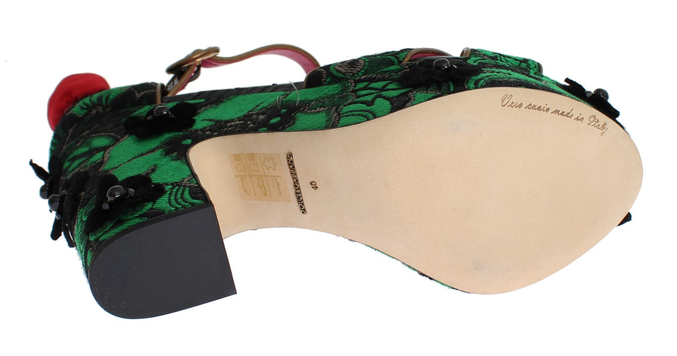 Scarpe Dolce &amp; Gabbana in broccato verde con rose in pelle di serpente e cristalli