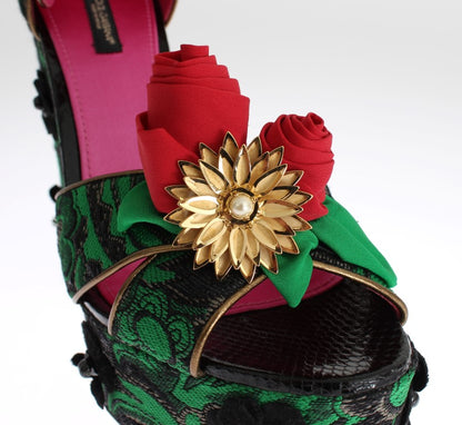 Scarpe Dolce &amp; Gabbana in broccato verde con rose in pelle di serpente e cristalli