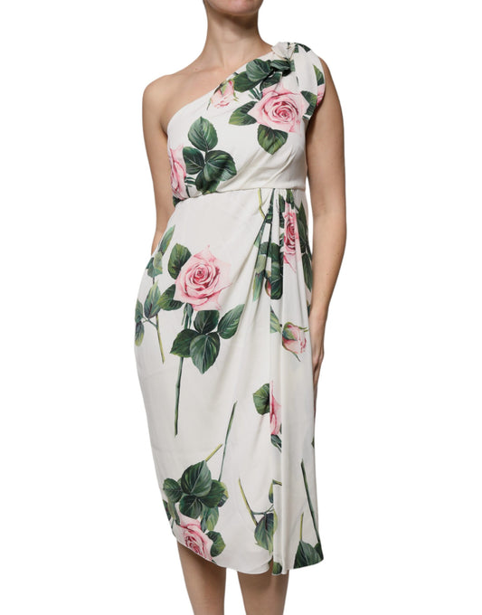 Dolce &amp; Gabbana Abito midi monospalla in seta floreale bianca