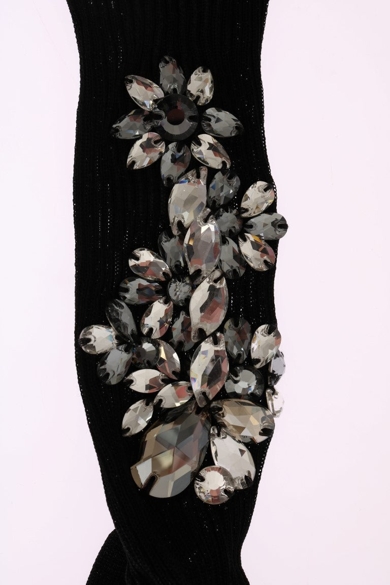 Calzini neri lavorati a maglia con cristalli trasparenti e motivo floreale Dolce &amp; Gabbana