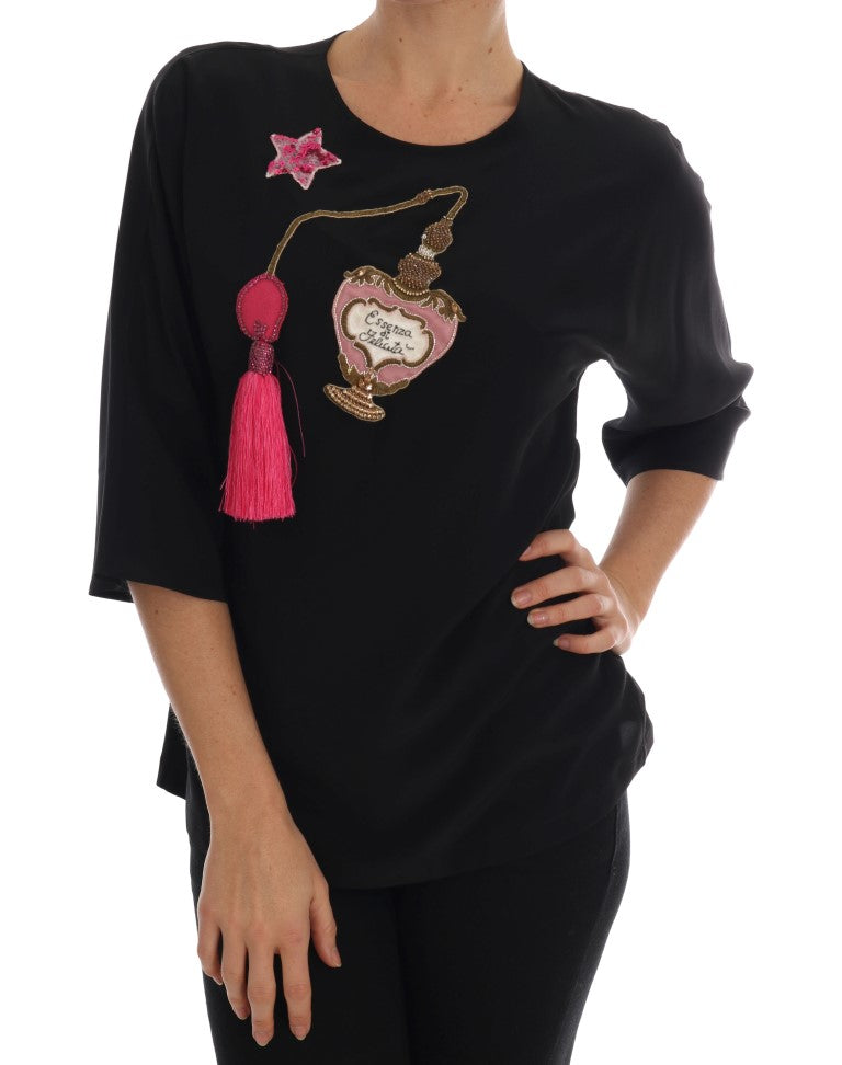 Dolce &amp; Gabbana Top in seta nera con cristalli e fiabe