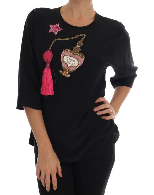 Dolce &amp; Gabbana Top in seta nera con cristalli e fiabe