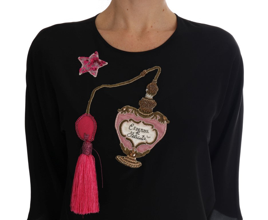 Dolce &amp; Gabbana Top in seta nera con cristalli e fiabe