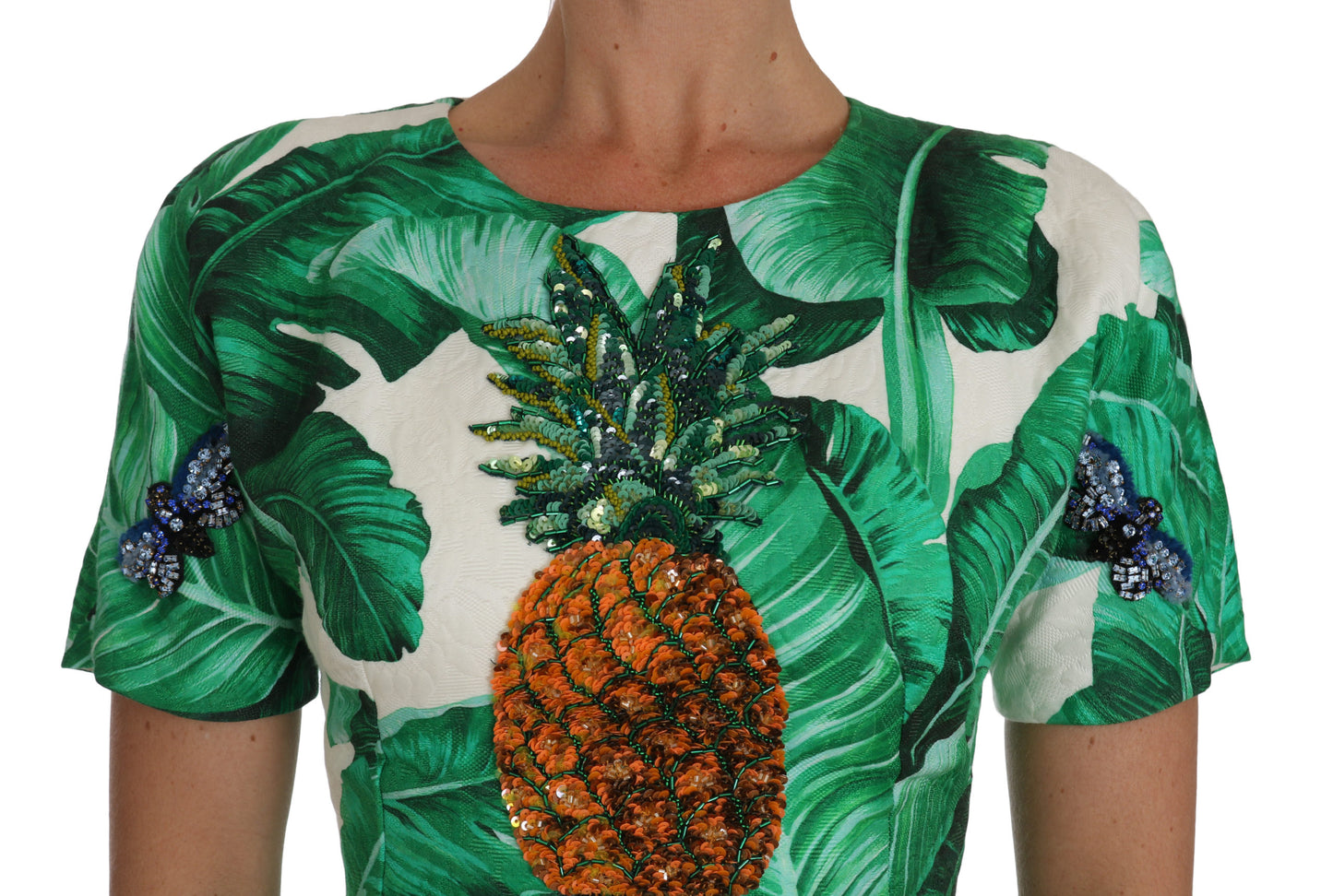 Abito Dolce &amp; Gabbana a trapezio con foglie di banana e cristalli di ananas