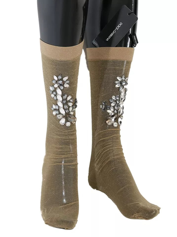 Calzini Dolce &amp; Gabbana Gold Stretch Floral Clear Crystal