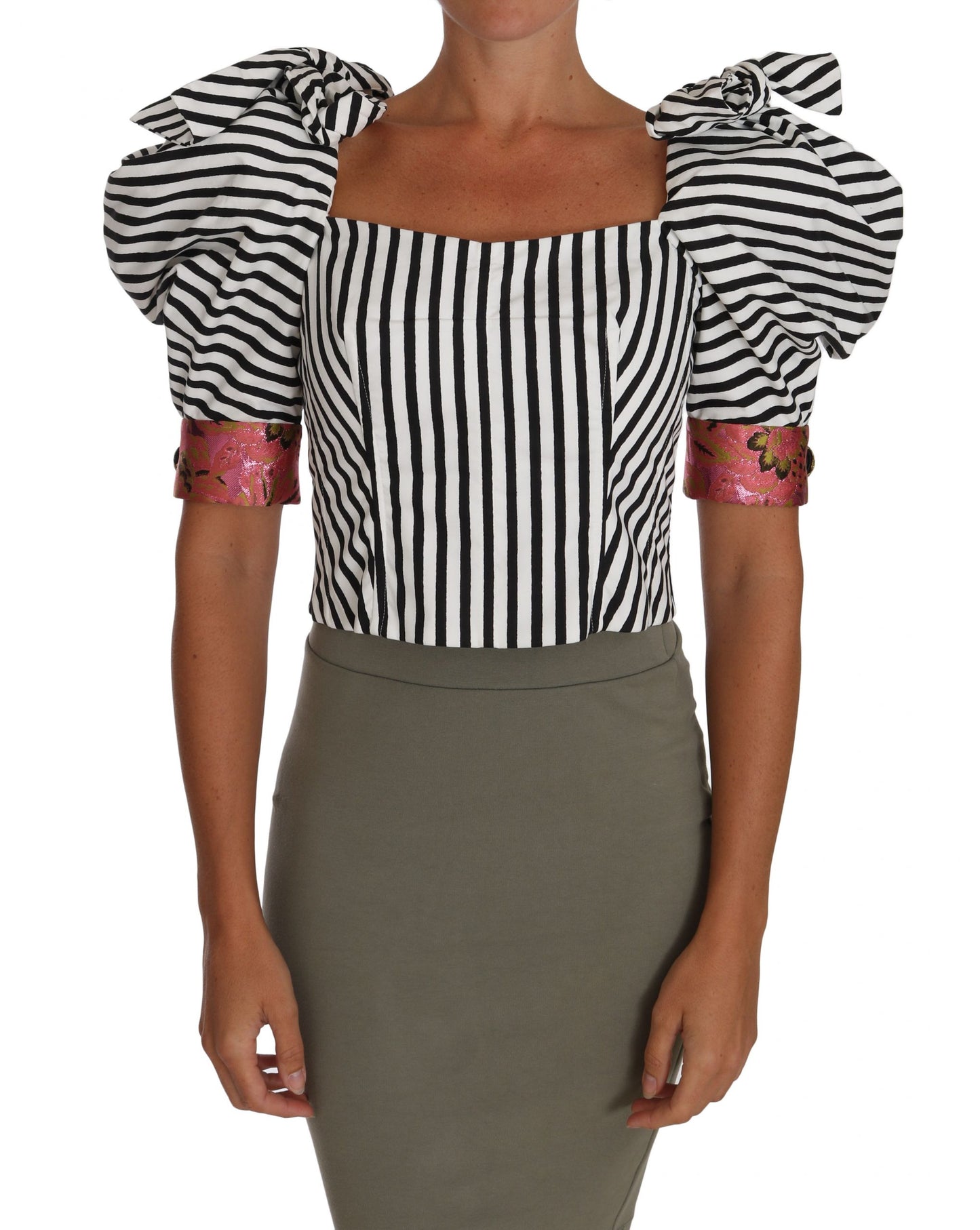 Dolce &amp; Gabbana Camicia a maniche a sbuffo con top corto a righe bianche e nere