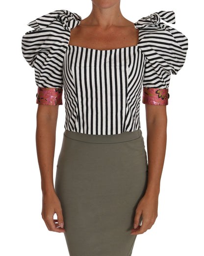 Dolce &amp; Gabbana Camicia a maniche a sbuffo con top corto a righe bianche e nere