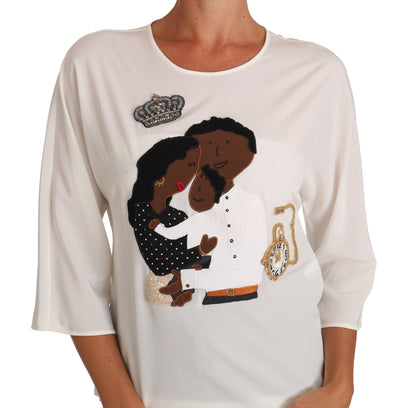 T-shirt in seta bianca Dolce &amp; Gabbana #dgfamily con cristalli