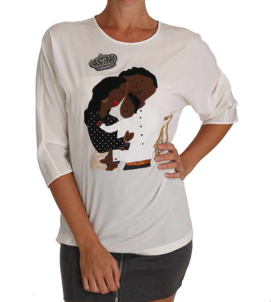T-shirt in seta bianca Dolce &amp; Gabbana #dgfamily con cristalli