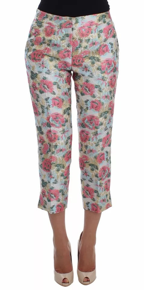 Pantaloni in broccato floreale bianco e rosa Dolce &amp; Gabbana