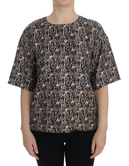 T-shirt in seta con stampa chiave grigio oro Dolce &amp; Gabbana
