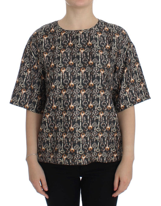 T-shirt in seta con stampa chiave grigio oro Dolce &amp; Gabbana