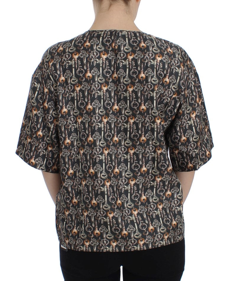 T-shirt in seta con stampa chiave grigio oro Dolce &amp; Gabbana