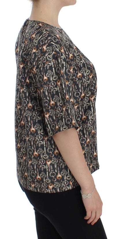 T-shirt in seta con stampa chiave grigio oro Dolce &amp; Gabbana