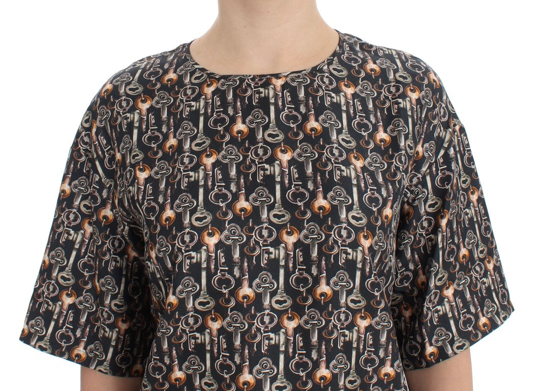 T-shirt in seta con stampa chiave grigio oro Dolce &amp; Gabbana