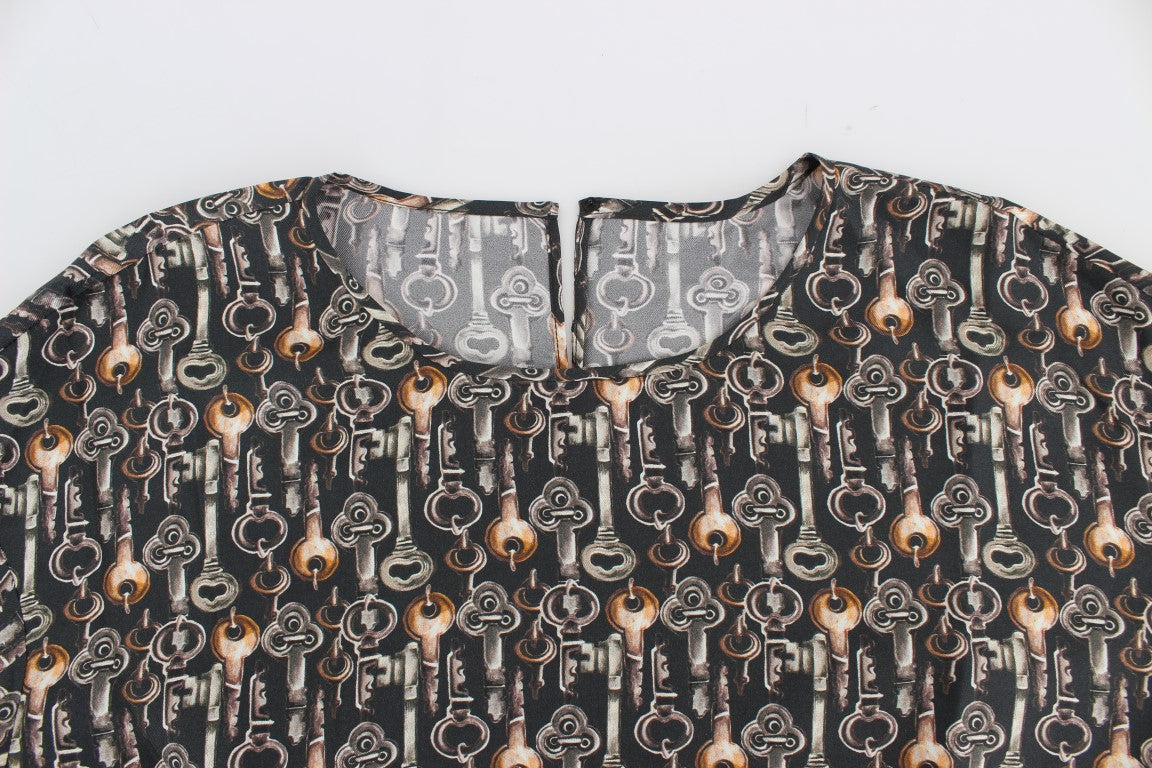 T-shirt in seta con stampa chiave grigio oro Dolce &amp; Gabbana