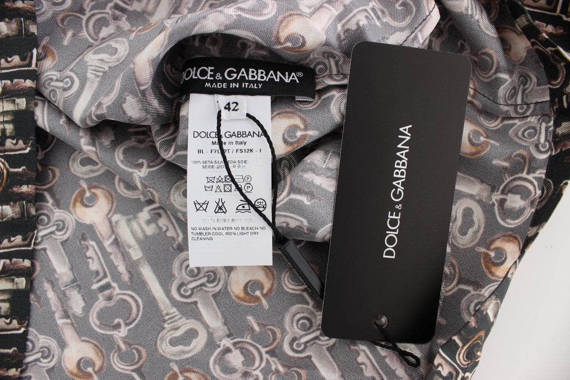 T-shirt in seta con stampa chiave grigio oro Dolce &amp; Gabbana