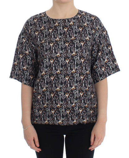 T-shirt in seta con stampa chiave grigio oro Dolce &amp; Gabbana