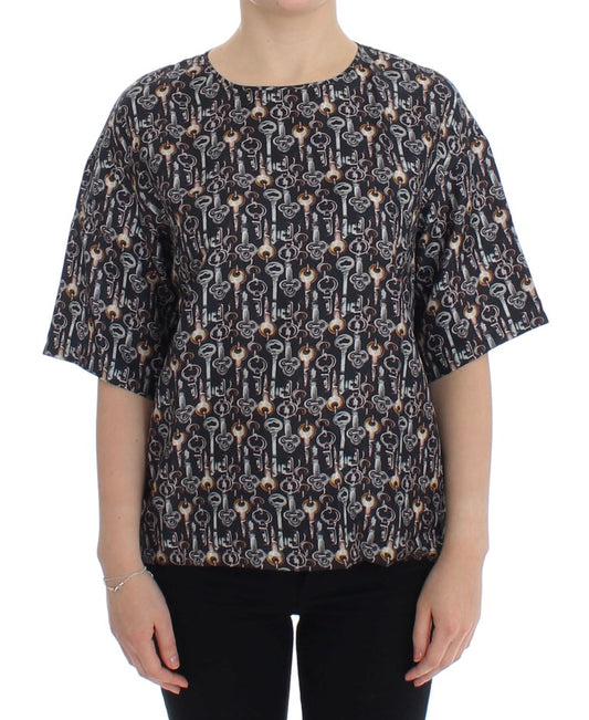 T-shirt in seta con stampa chiave grigio oro Dolce &amp; Gabbana