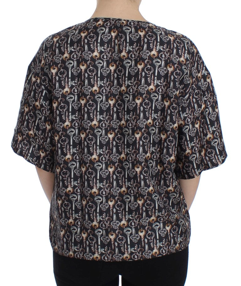 T-shirt in seta con stampa chiave grigio oro Dolce &amp; Gabbana
