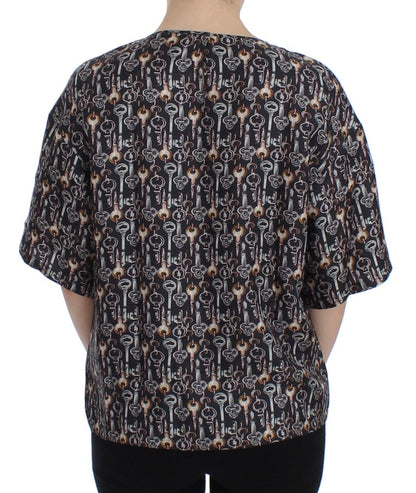 T-shirt in seta con stampa chiave grigio oro Dolce &amp; Gabbana