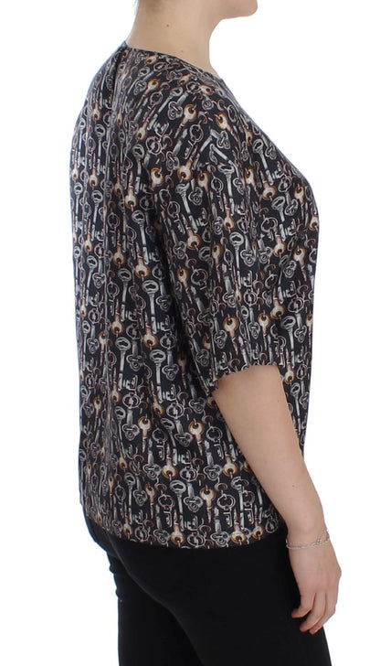 T-shirt in seta con stampa chiave grigio oro Dolce &amp; Gabbana