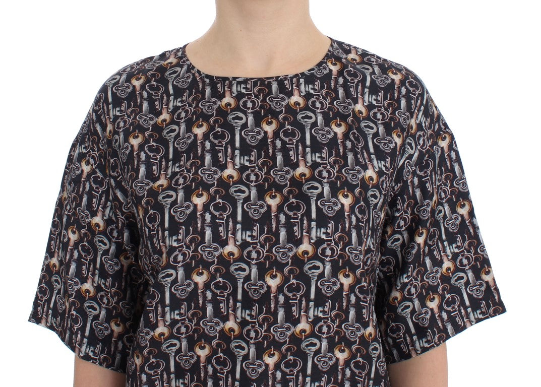 T-shirt in seta con stampa chiave grigio oro Dolce &amp; Gabbana