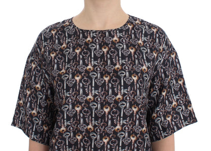 T-shirt in seta con stampa chiave grigio oro Dolce &amp; Gabbana