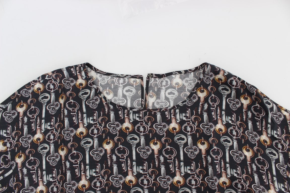 T-shirt in seta con stampa chiave grigio oro Dolce &amp; Gabbana