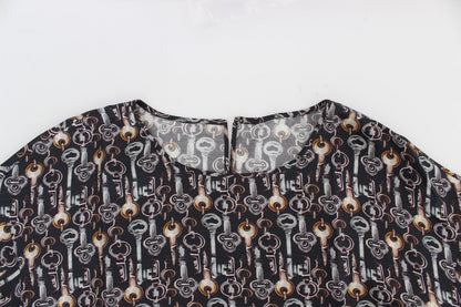 T-shirt in seta con stampa chiave grigio oro Dolce &amp; Gabbana
