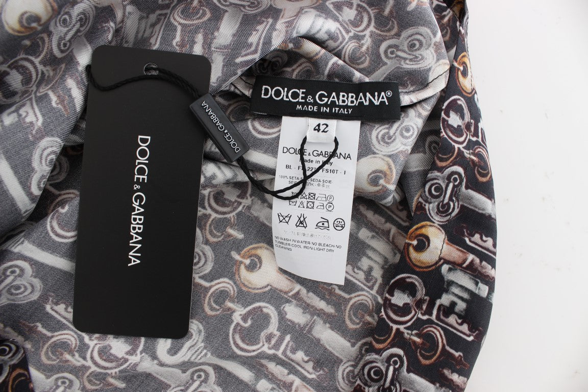 T-shirt in seta con stampa chiave grigio oro Dolce &amp; Gabbana
