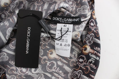 T-shirt in seta con stampa chiave grigio oro Dolce &amp; Gabbana