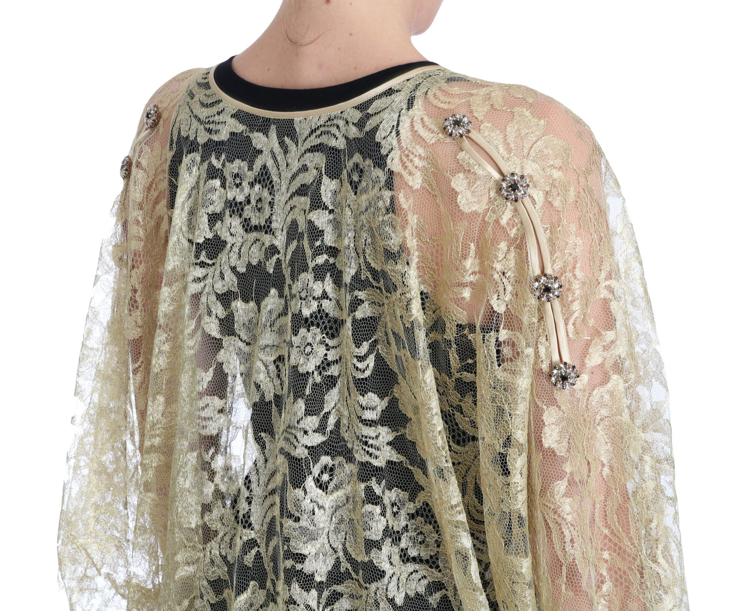 Abito con mantella in pizzo floreale dorato e cristalli di Dolce &amp; Gabbana