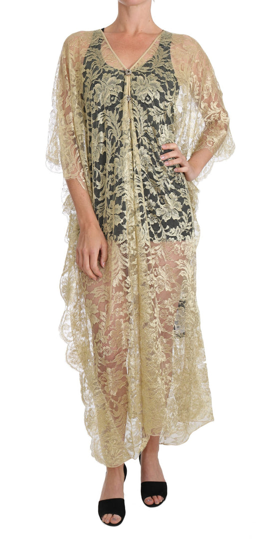 Abito con mantella in pizzo floreale dorato e cristalli di Dolce &amp; Gabbana