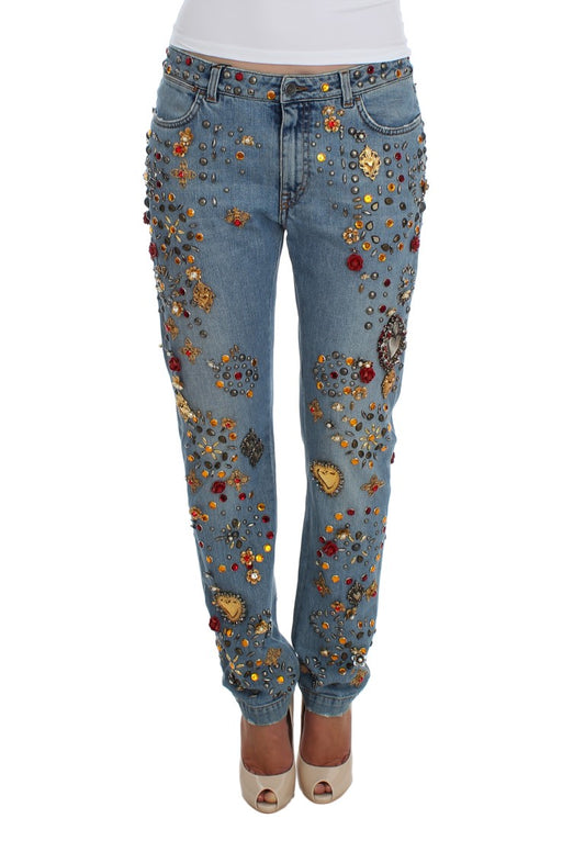 Jeans Dolce &amp; Gabbana con rose di cristallo e cuore decorato