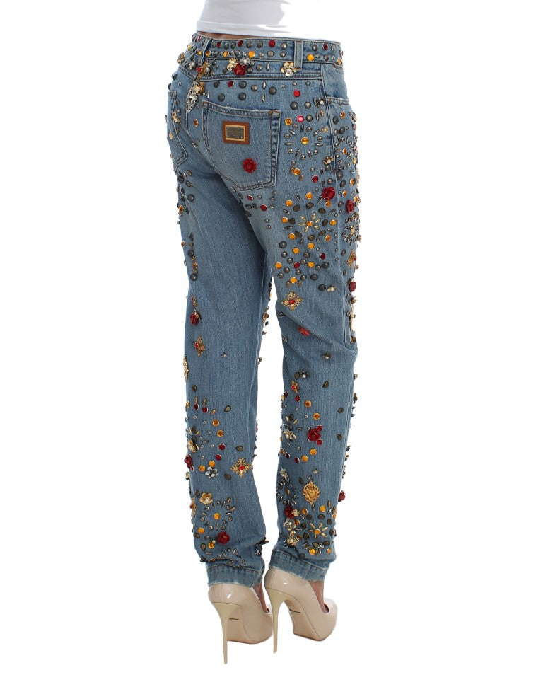 Jeans Dolce &amp; Gabbana con rose di cristallo e cuore decorato