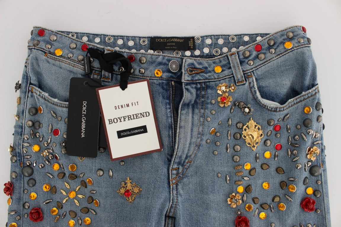 Jeans Dolce &amp; Gabbana con rose di cristallo e cuore decorato