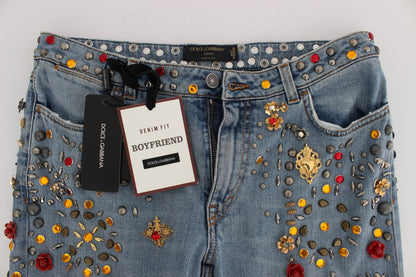 Jeans Dolce &amp; Gabbana con rose di cristallo e cuore decorato