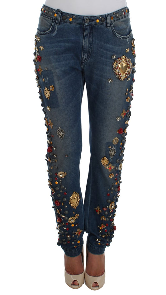 Jeans Dolce &amp; Gabbana con rose di cristallo e cuore decorato