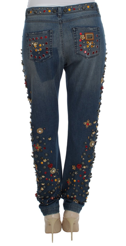Jeans Dolce &amp; Gabbana con rose di cristallo e cuore decorato