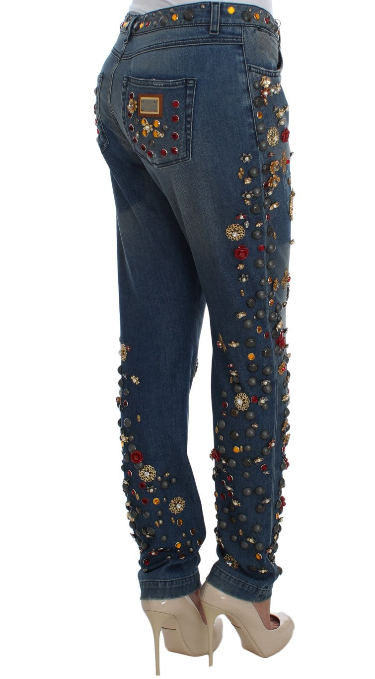 Jeans Dolce &amp; Gabbana con rose di cristallo e cuore decorato