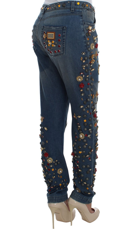 Jeans Dolce &amp; Gabbana con rose di cristallo e cuore decorato
